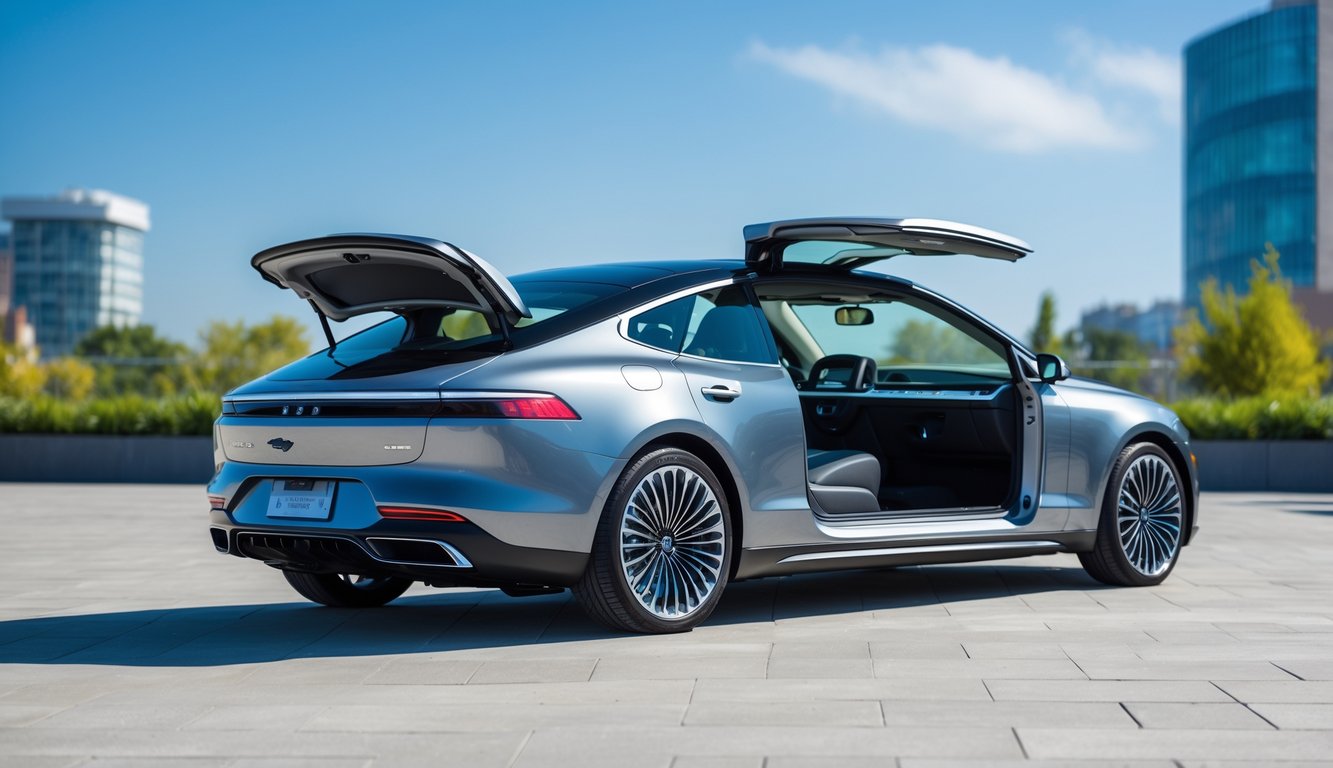 Mobil modern tahun 2025 dengan sunroof terbuka diparkir di luar ruangan dengan latar kota dan langit cerah.