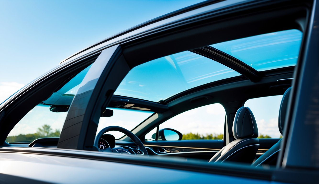 Mobil modern dengan sunroof panoramik yang besar, terlihat dari sudut atas dengan langit biru dan pepohonan di latar belakang.