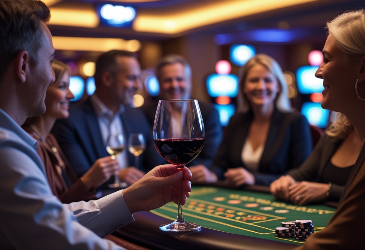 People enjoying wine and playing games in a casino setting with poker chips and cards visible.