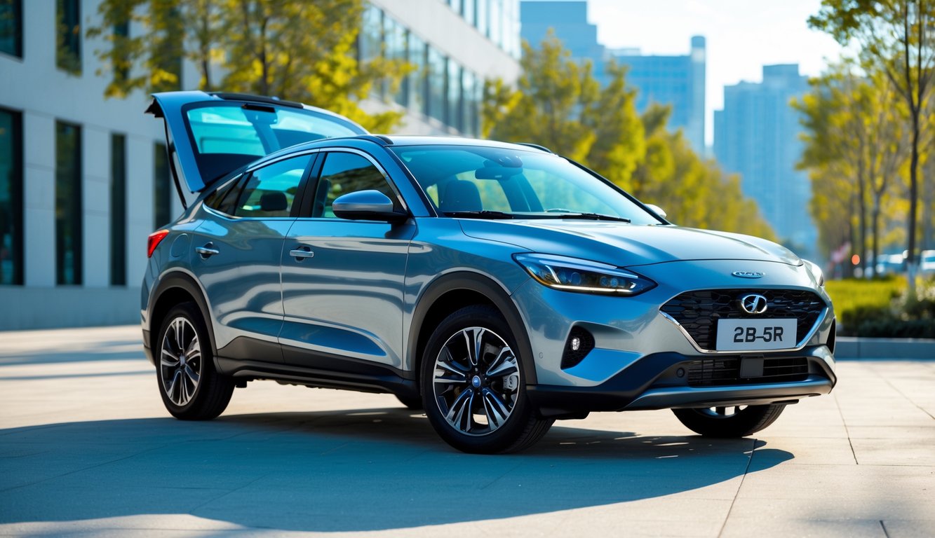 Mobil modern tahun 2025 dengan sunroof terbuka di luar ruangan pada siang hari.