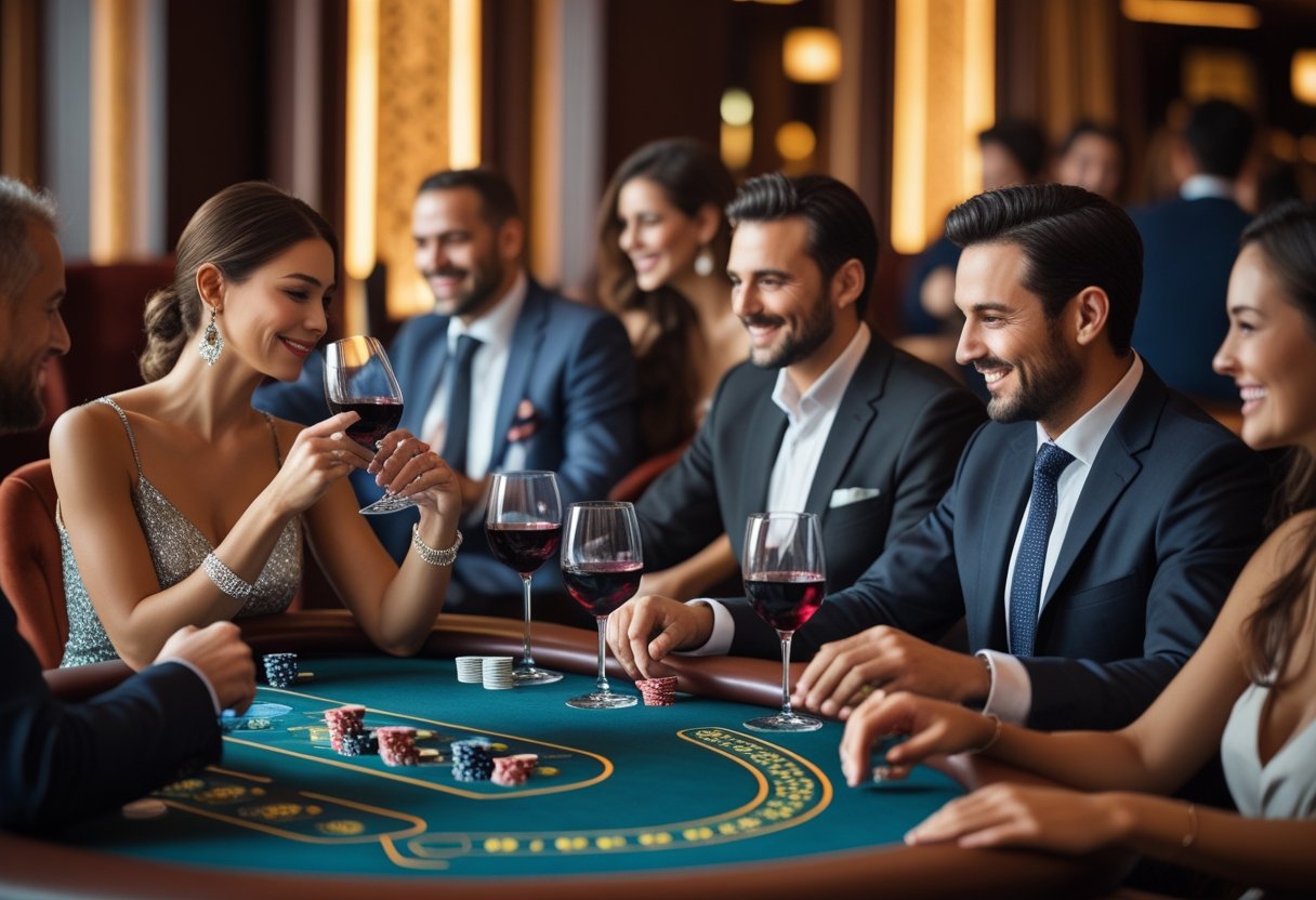 People dressed elegantly enjoying wine and playing casino games at a poker table in a stylish lounge.