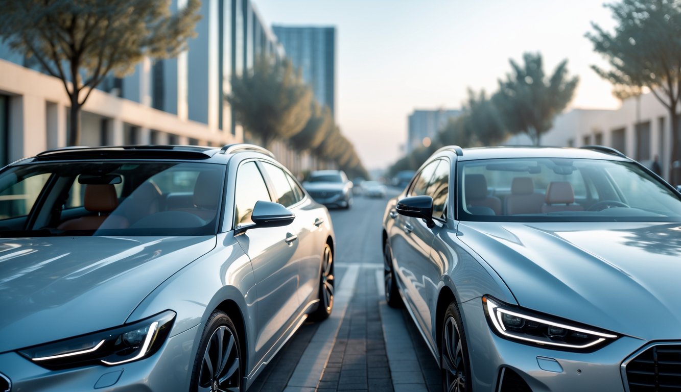 Dua mobil modern berdampingan, satu dengan sunroof kecil terbuka dan satu dengan panoramic roof besar tertutup, di luar ruangan pada siang hari.