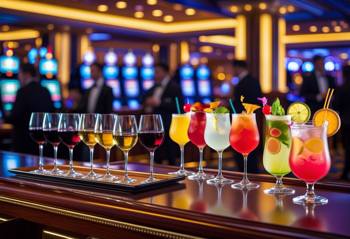 A casino bar with wine glasses and colorful cocktails on the counter, with people enjoying drinks and casino games in the background.