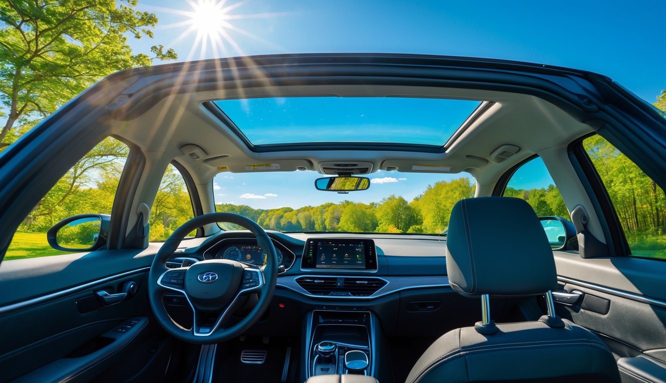 Mobil modern dengan sunroof terbuka di luar ruangan yang cerah dan berudara segar.