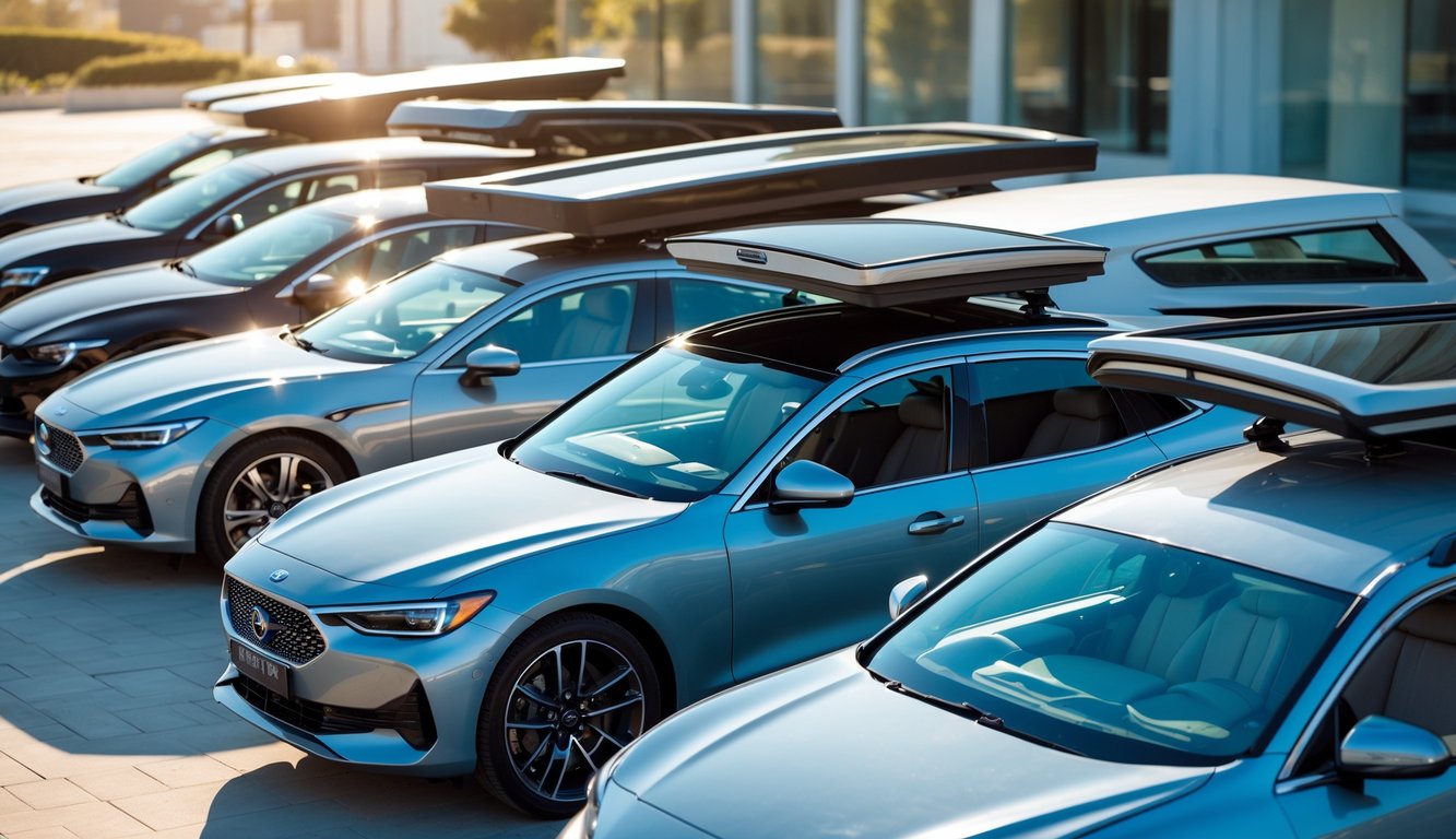 Beberapa mobil modern dengan berbagai jenis sunroof yang berbeda terlihat di tempat parkir luar ruangan.