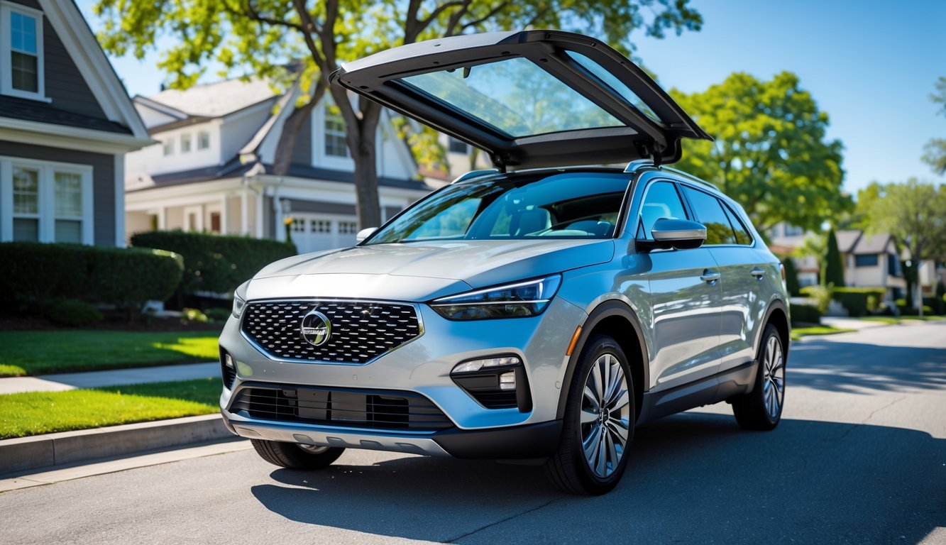 Mobil keluarga modern dengan sunroof terbuka di lingkungan perumahan yang cerah.