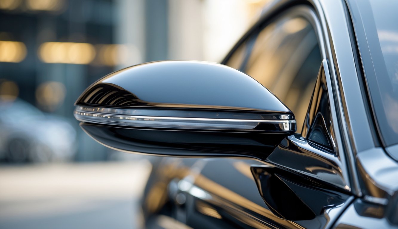 Cermin spion mobil mewah dengan desain modern dan permukaan mengkilap.