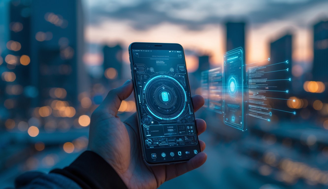 Sebuah ponsel modern yang dipegang di tangan dengan latar belakang kota kabur saat senja.