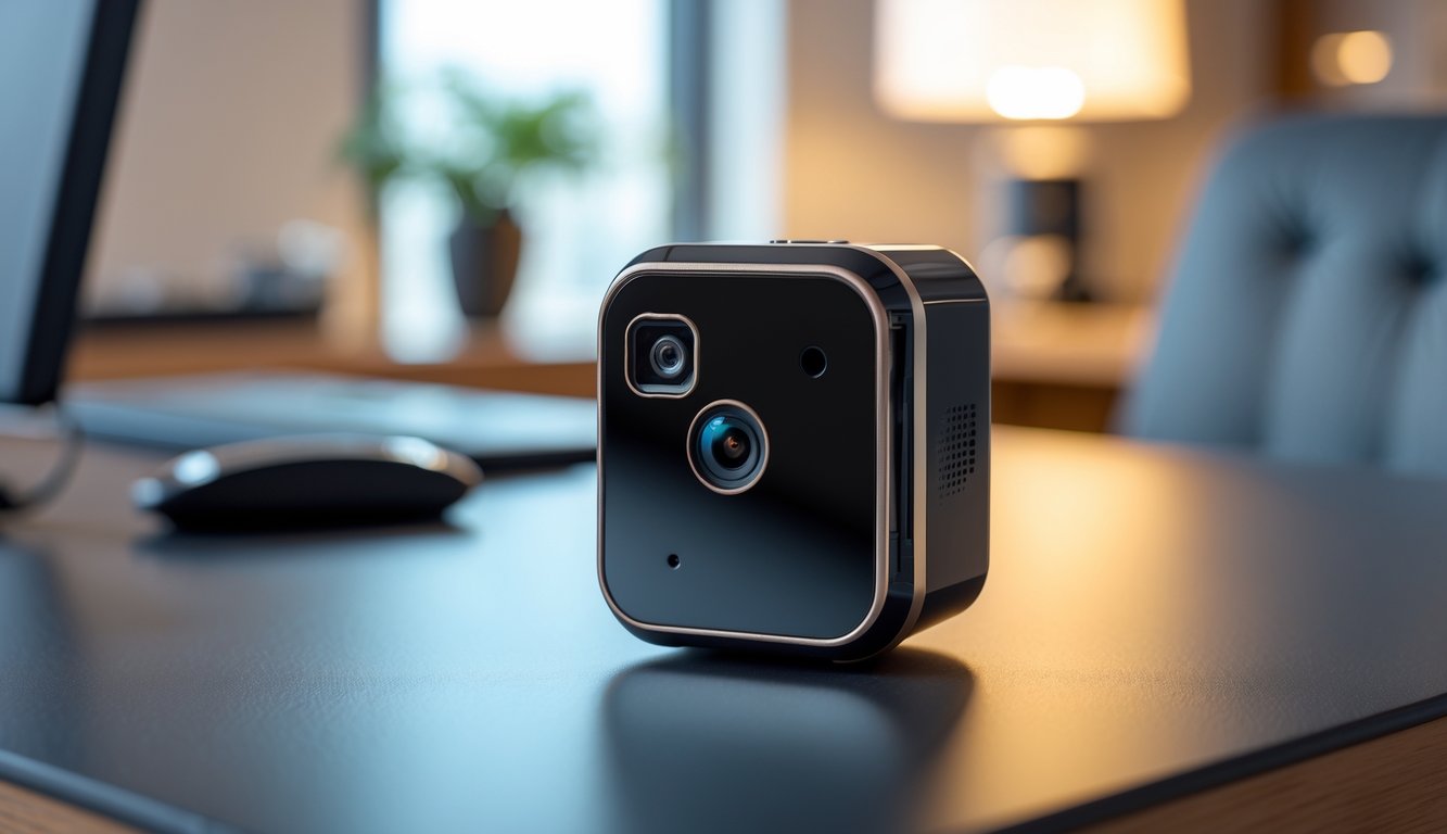 Perangkat mata-mata ponsel bergaya dan premium diletakkan di atas meja kantor modern.