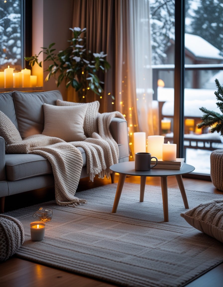 A cozy living room with warm blankets, pillows, candles, and a snowy view outside the window.