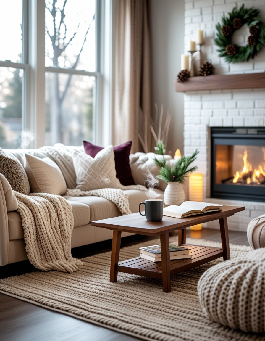 A cozy living room with a sofa, warm blankets, cushions, a coffee table with a mug and book, a lit fireplace, and winter-themed decorations.