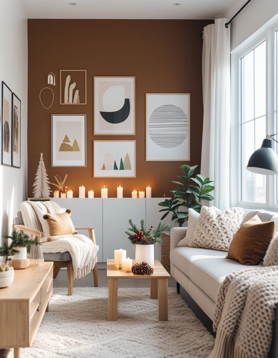 A cozy living room with a warm accent wall decorated with framed art, soft pillows, a wooden coffee table, and natural light coming through large windows.