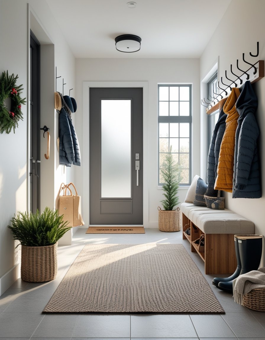 An inviting entryway with a bench, coat rack holding winter clothes, shelves storing boots, and a rug near a modern door with natural light coming through.