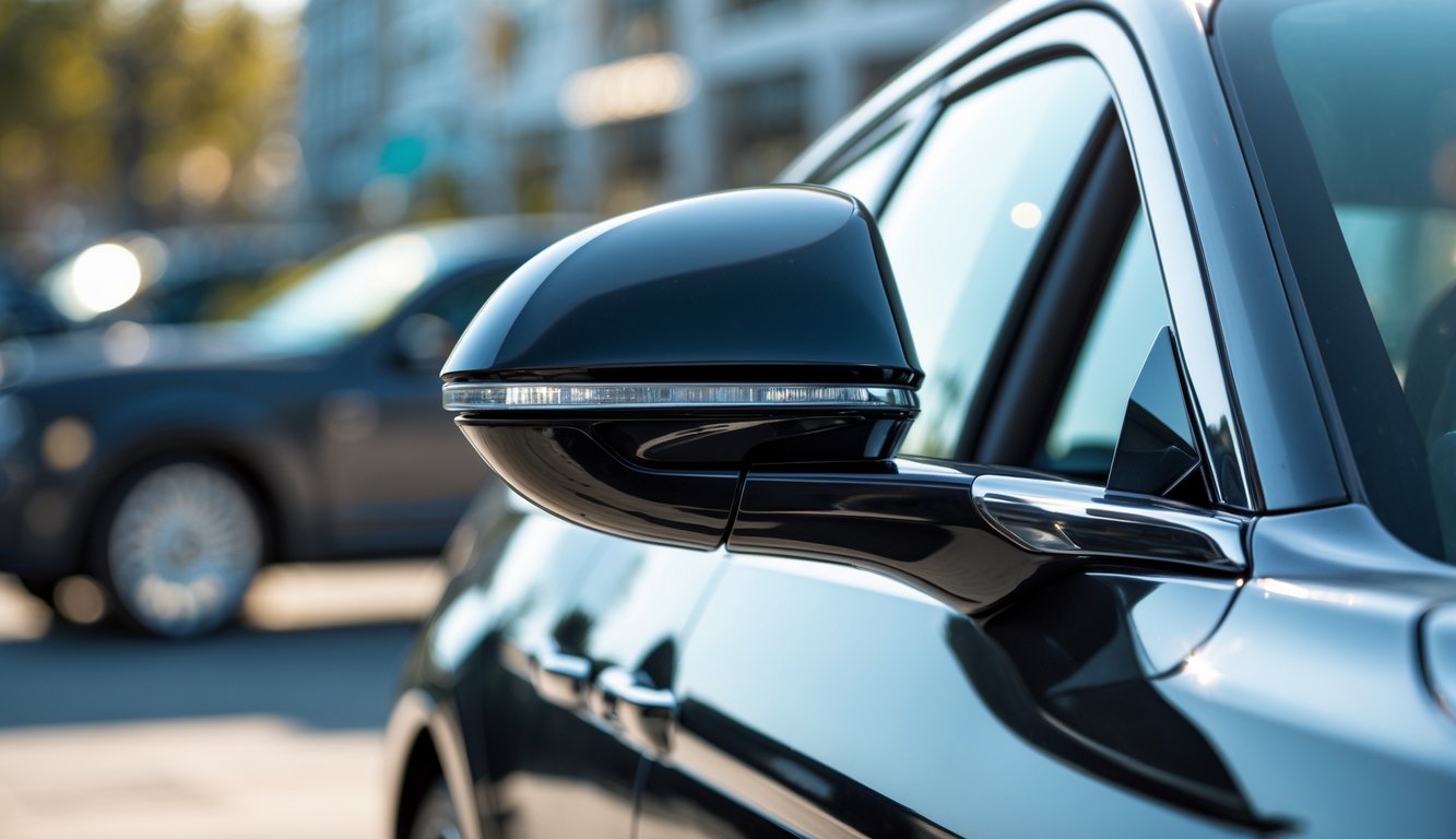 Spion mobil universal yang elegan terpasang pada mobil modern dengan latar belakang perkotaan yang kabur.