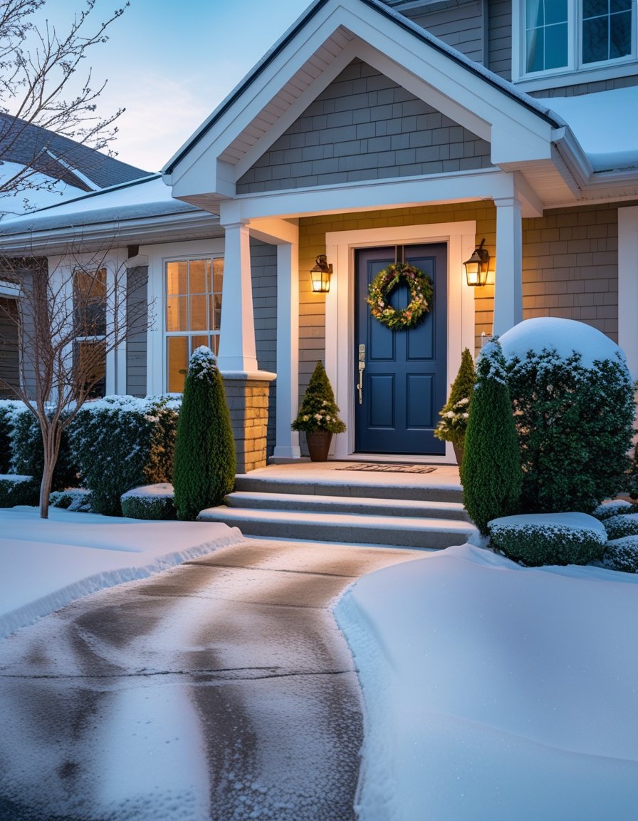 A residential home exterior in winter with snow on the ground, a decorated front door, outdoor lighting, and trimmed evergreen shrubs.