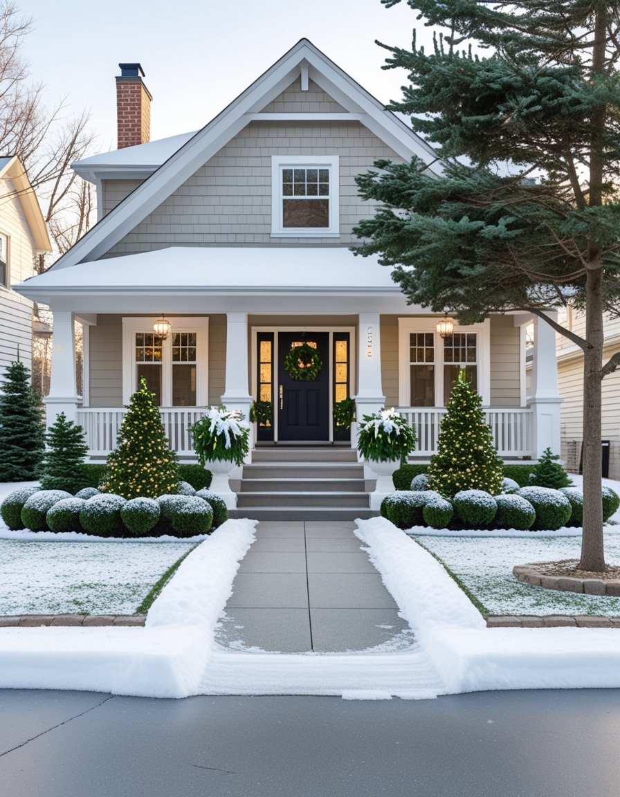 A suburban house in winter with snow-dusted yard, trimmed evergreens, a cleared pathway, and winter planters by the front door.
