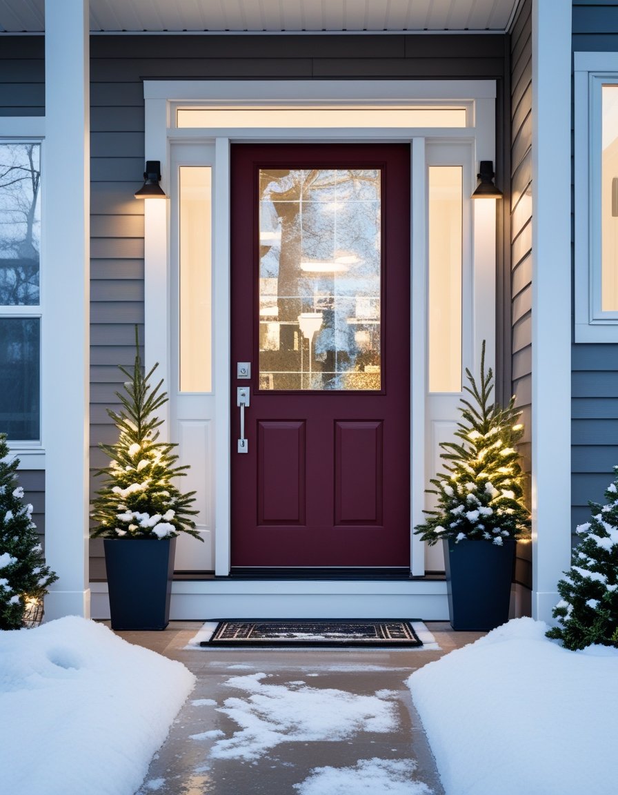 A residential front door and entryway with snow on the ground and evergreen plants, showing a clear path and warm lighting.