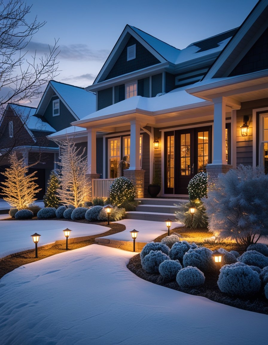 A suburban house front yard at dusk with snow on the ground and warm outdoor lights illuminating the pathway and landscaping.