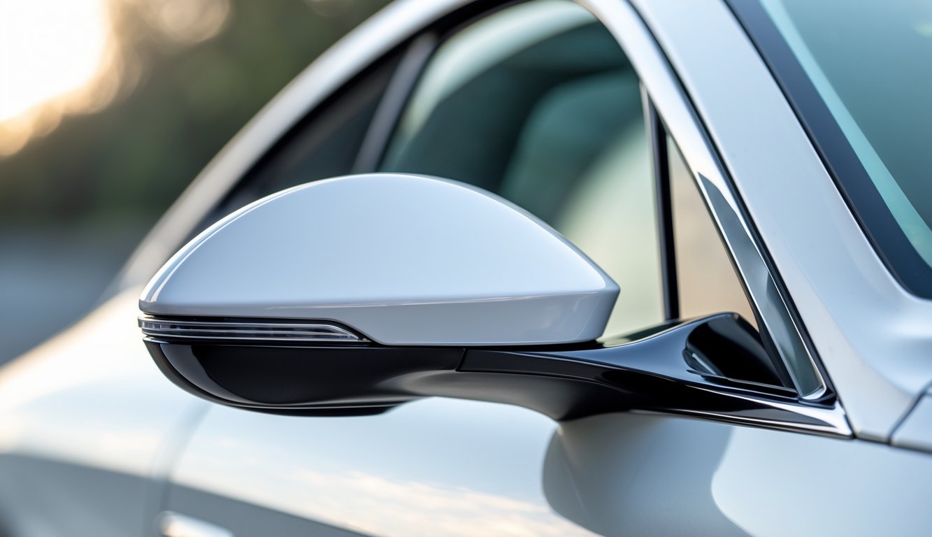 Cermin spion mobil modern dengan desain minimalis pada pintu mobil berwarna netral.