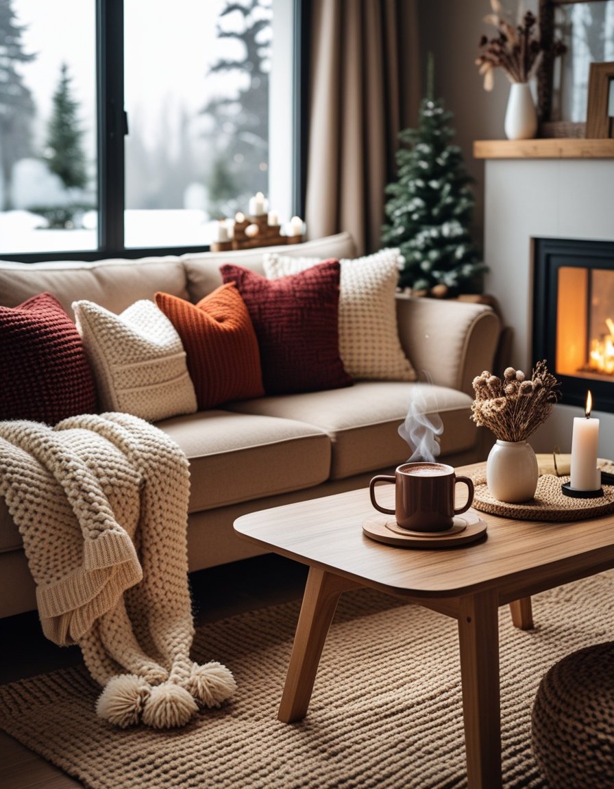 A cozy living room with a sofa, knitted blankets, cushions, a coffee table with hot cocoa, a glowing fireplace, and snowy windows.
