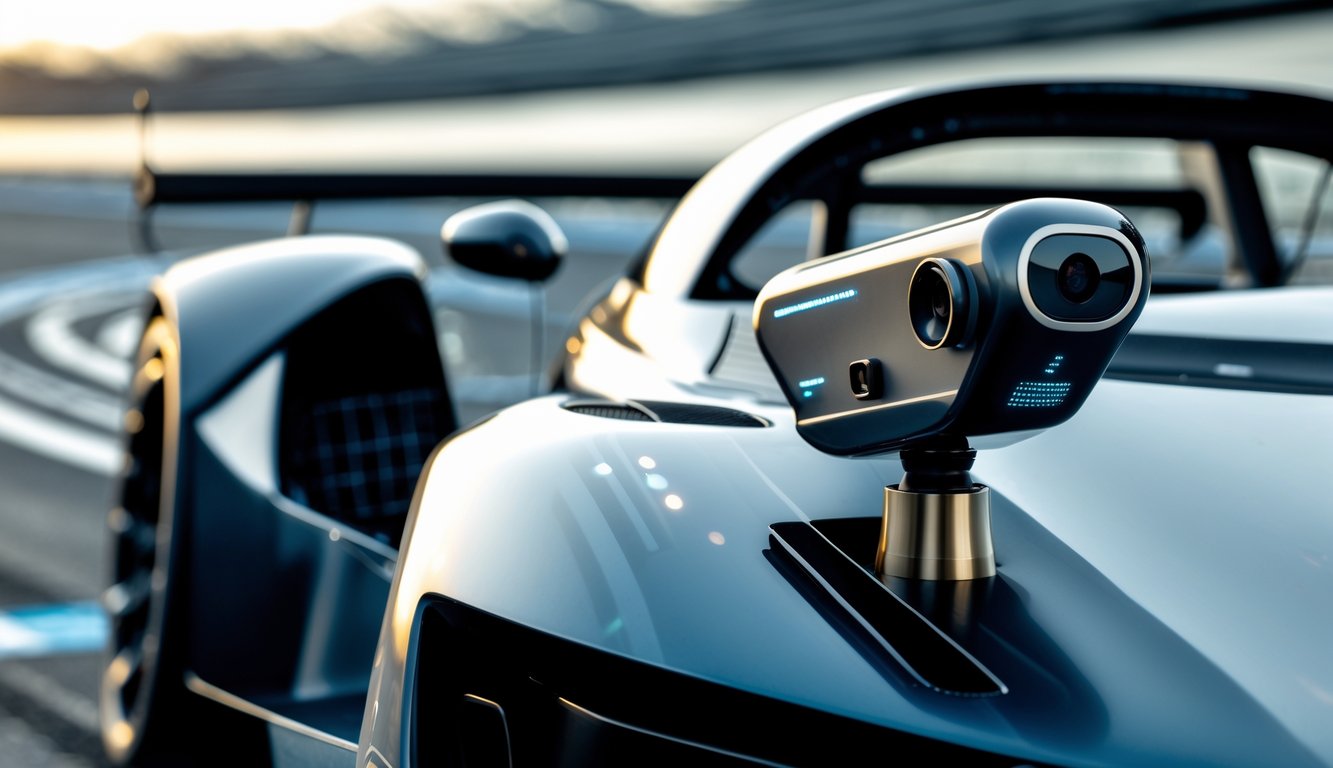 Perangkat mata-mata kecil yang elegan terpasang pada mobil balap di lintasan balap.