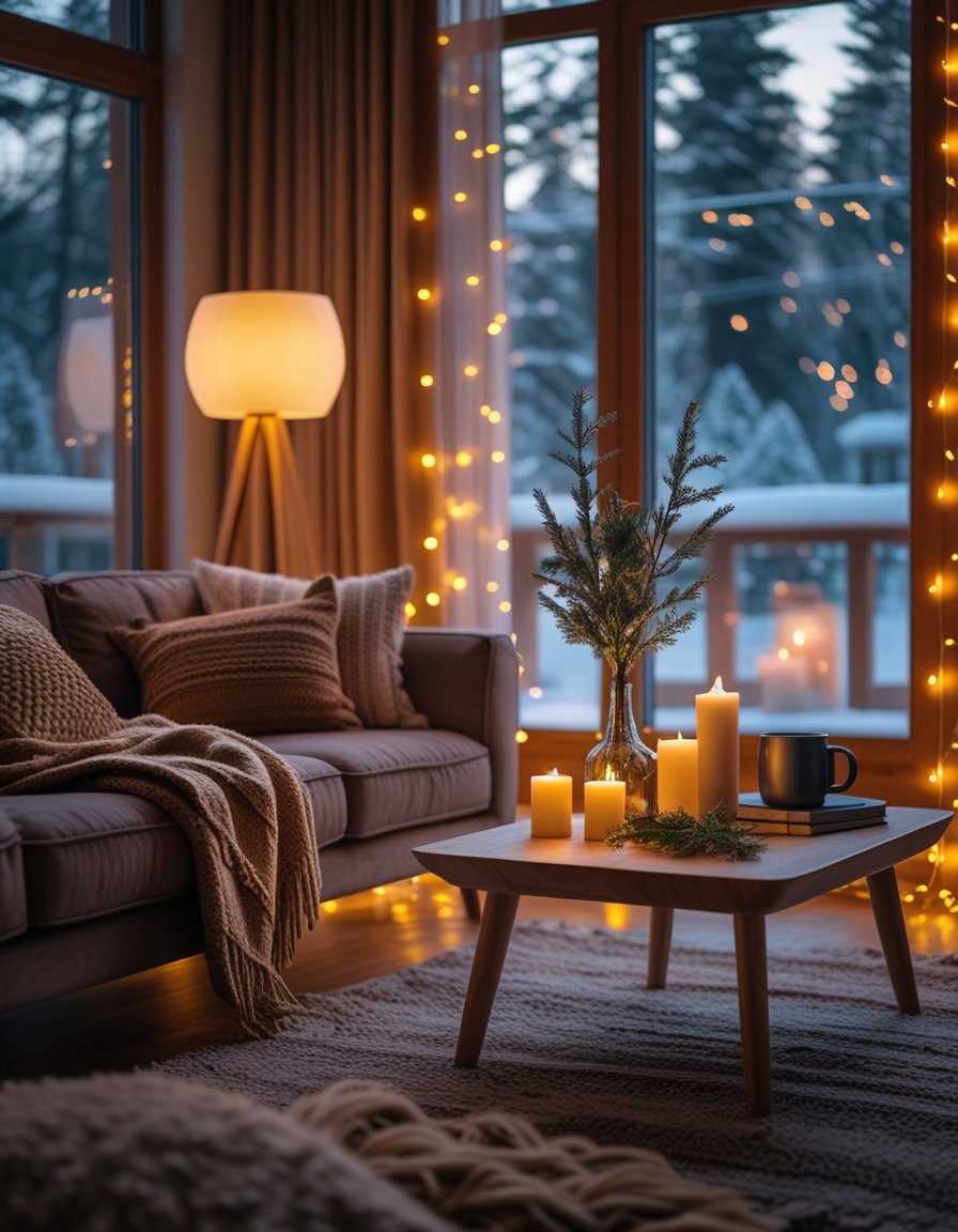 A cozy living room with warm lighting, a sofa with blankets and cushions, a coffee table with candles, and snowy windows in the background.