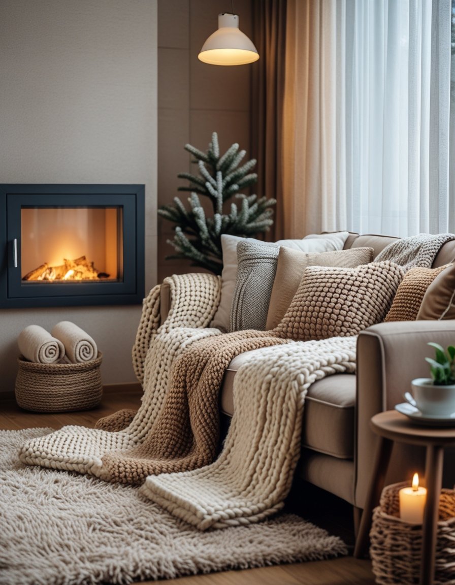 A cozy living room corner with a sofa covered in knitted blankets and cushions, a soft rug on the floor, a glowing fireplace, and a small side table with a cup of tea.