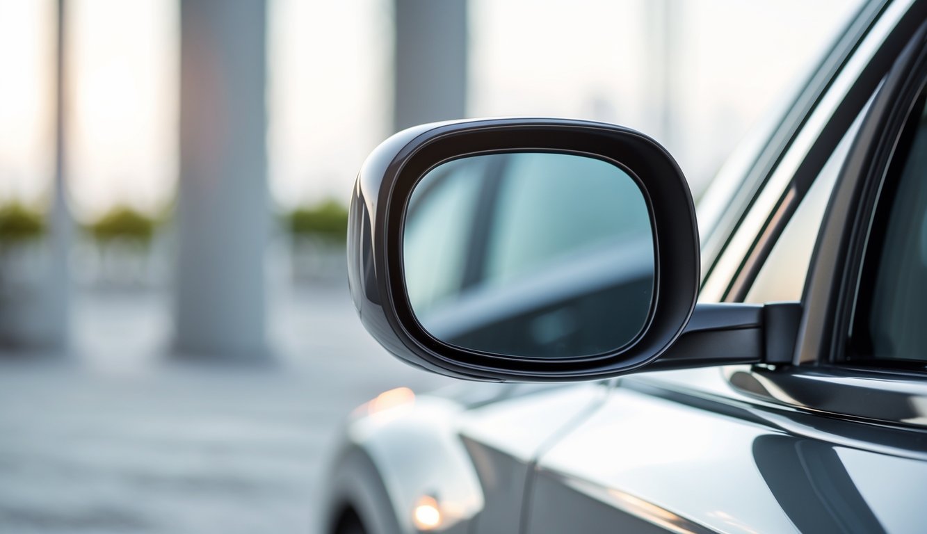 Cermin samping mobil lipat elektrik yang elegan dengan latar belakang kota yang samar.