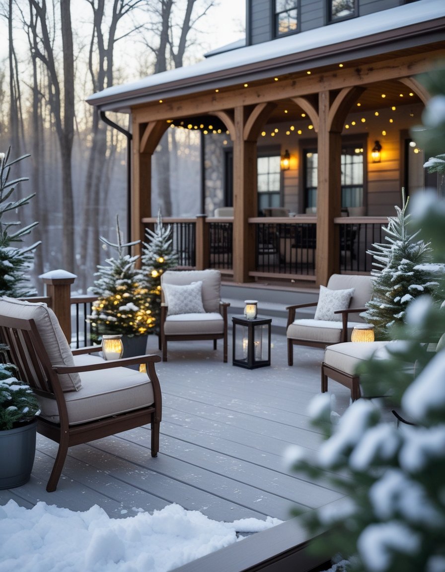 Outdoor winter scene with a wooden deck, stone patio with fire pit, and a covered porch decorated with cozy seating, blankets, lanterns, and light snow on the ground and plants.