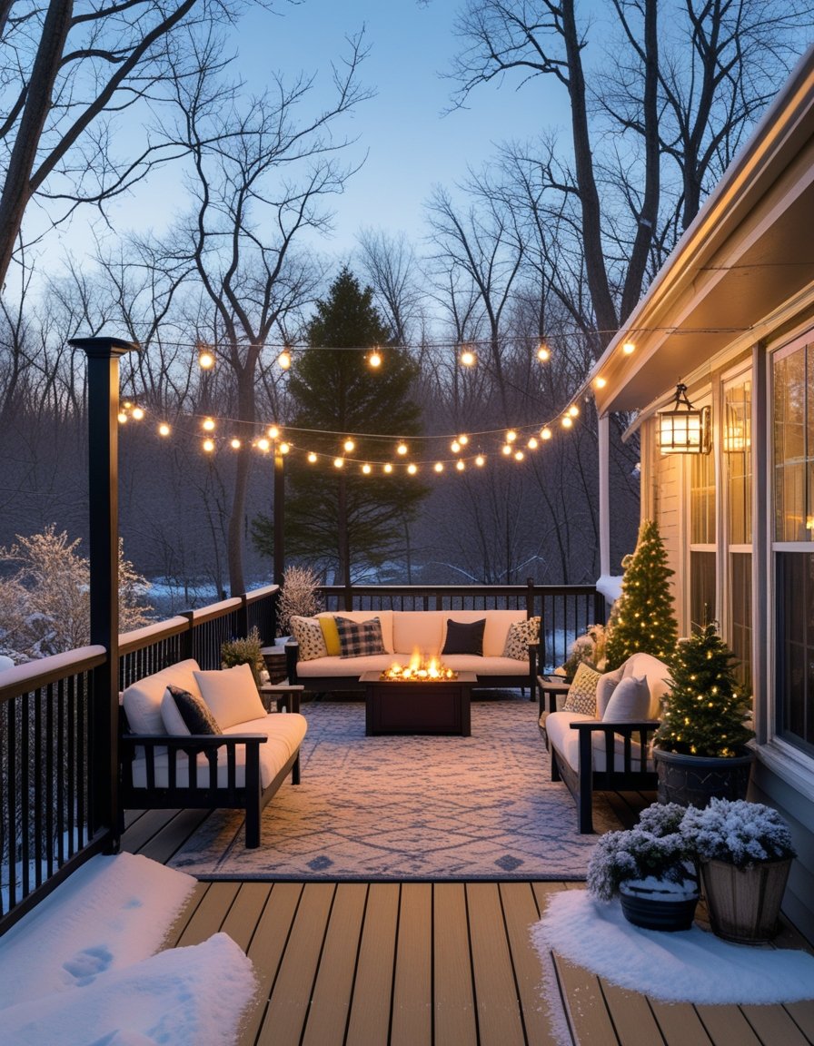 A winter outdoor deck or patio with snow, warm lighting, outdoor furniture, and a fire pit creating a cozy atmosphere.
