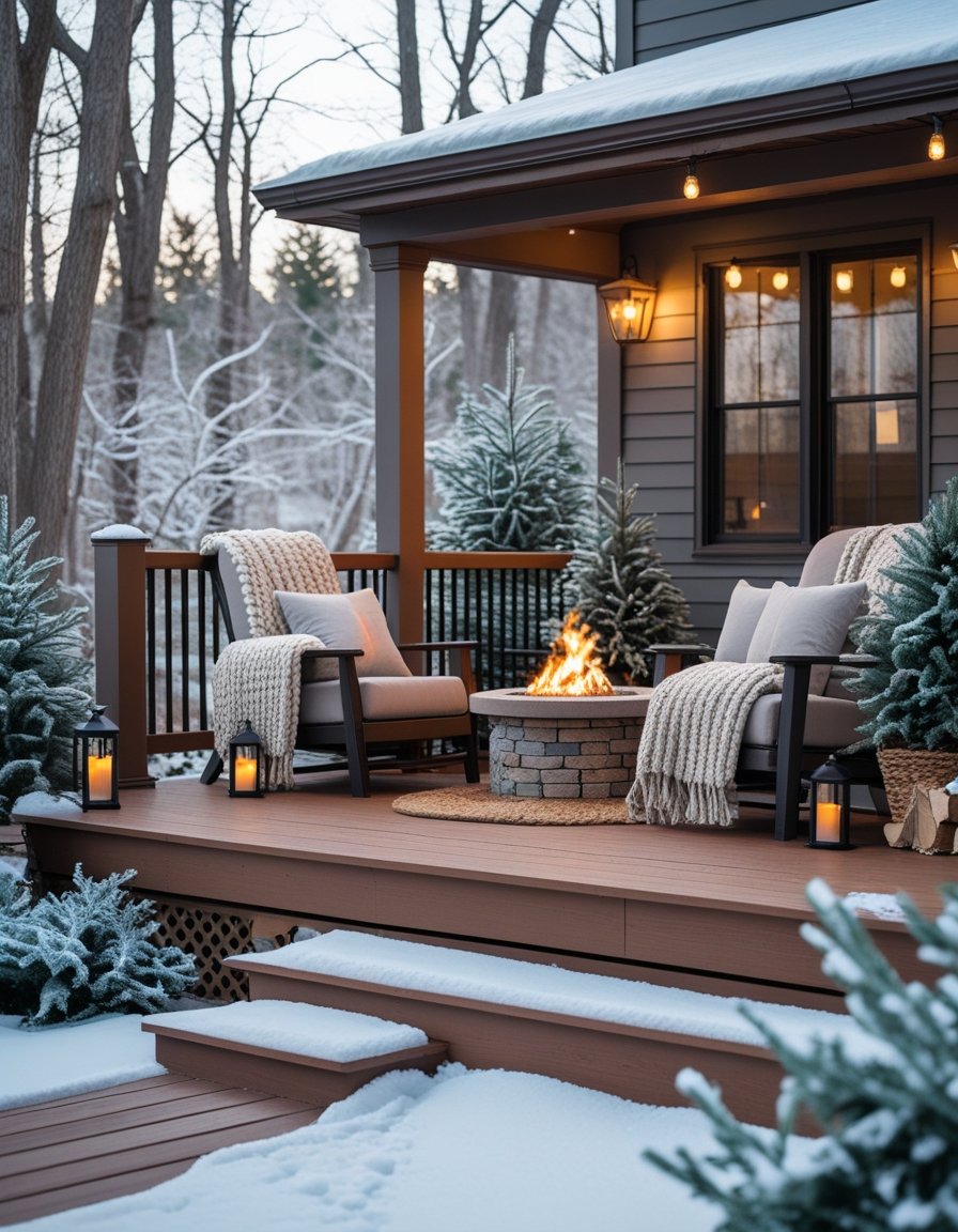 A snowy outdoor deck, patio, and porch area with cozy seating, a fire pit, string lights, and evergreen plants.