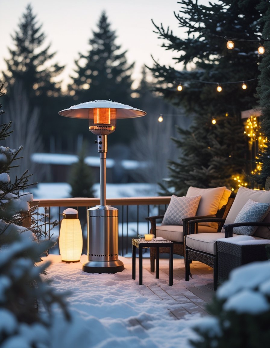A cozy outdoor deck with seating and an outdoor heater surrounded by snow-covered trees on a winter day.