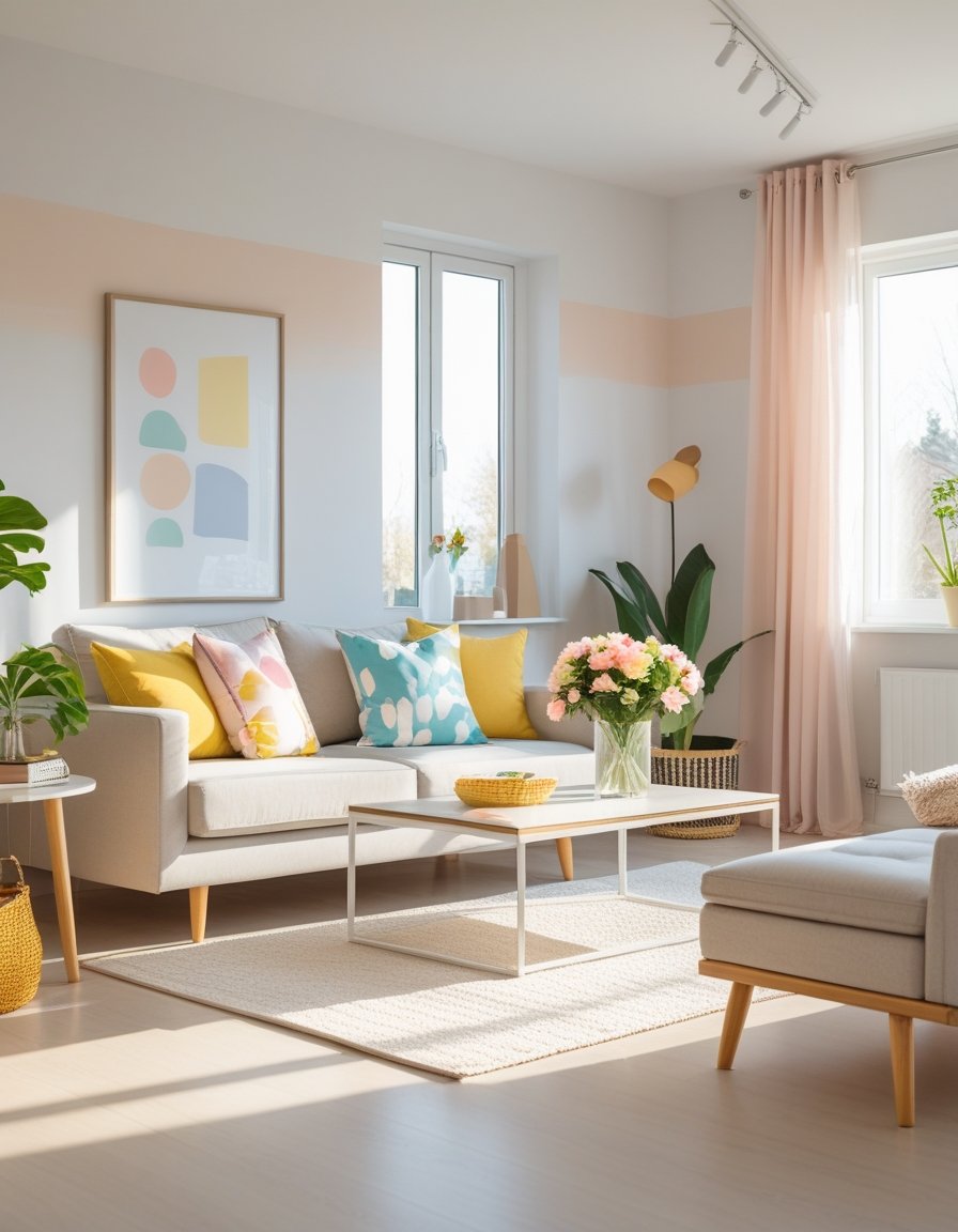 A bright living room with freshly painted light-colored walls, a sofa with cushions, a coffee table with flowers, and sunlight coming through large windows.