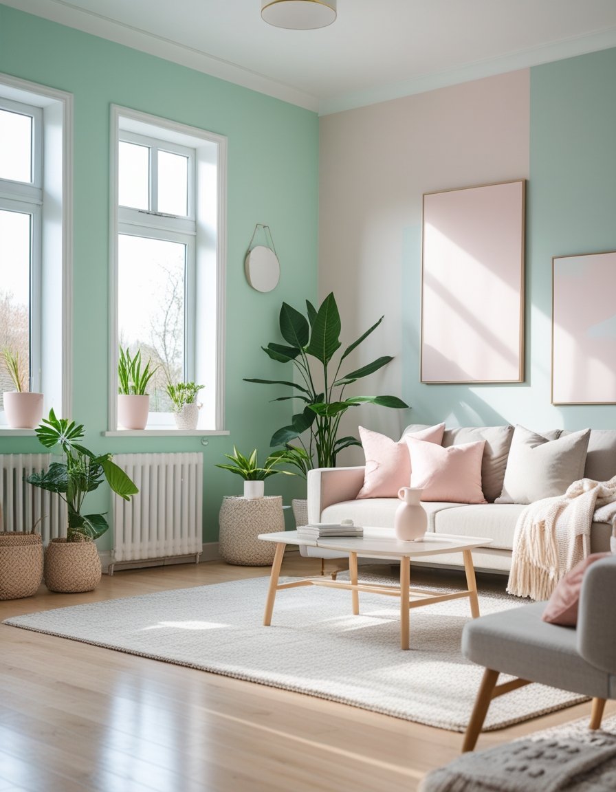A bright living room with walls painted in soft pastel colors, featuring modern furniture and natural light coming through large windows.