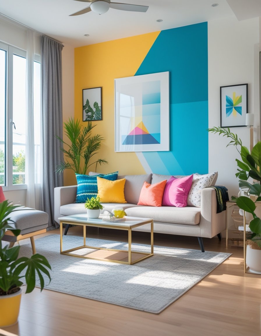 A modern living room with a bold accent wall featuring creative paint patterns, natural light, and contemporary furniture.