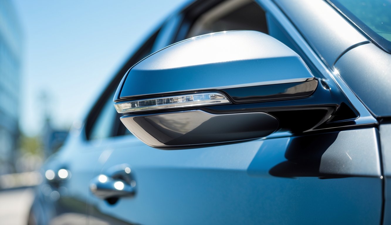 Foto close-up spion mobil eksterior premium yang terpasang pada mobil mewah dengan latar belakang kabur.