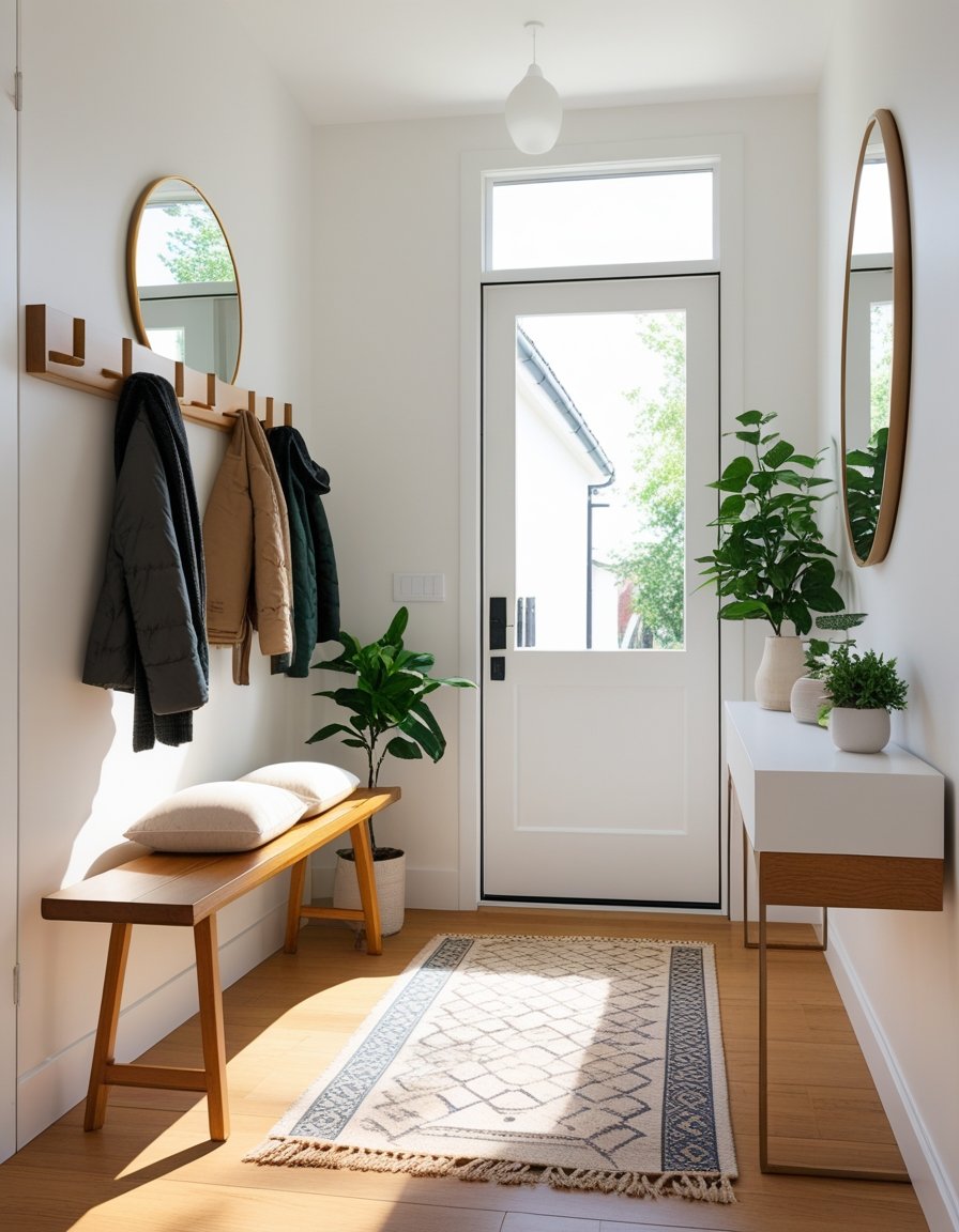A small entryway with a wooden bench, coat rack, round mirror, potted plant, and patterned rug, illuminated by natural light.