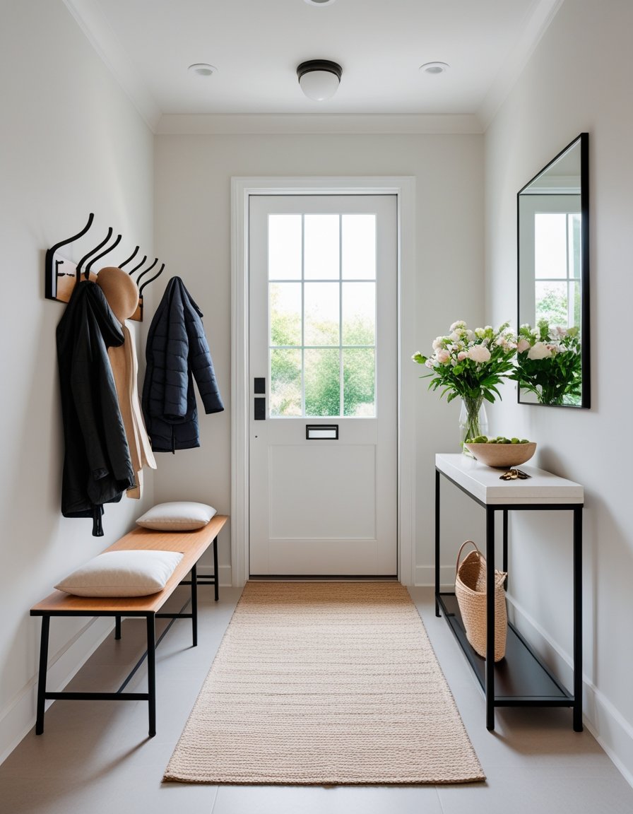 A small entryway with a wooden bench, coat rack, console table with flowers, a mirror, and a rug.