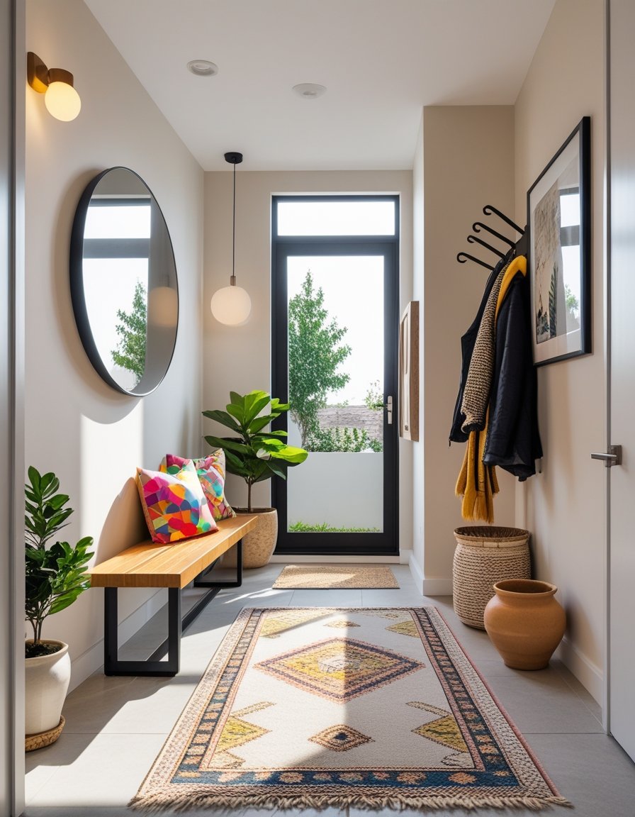 A small home entryway with a wooden bench, cushions, a coat rack, a round mirror, a patterned rug, and plants, creating a cozy and organized space.