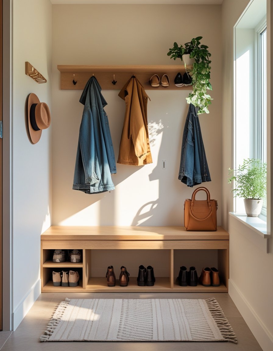 A small entryway with a wooden bench, coat rack with jackets, shoe rack, a rug, and a potted plant on a shelf.