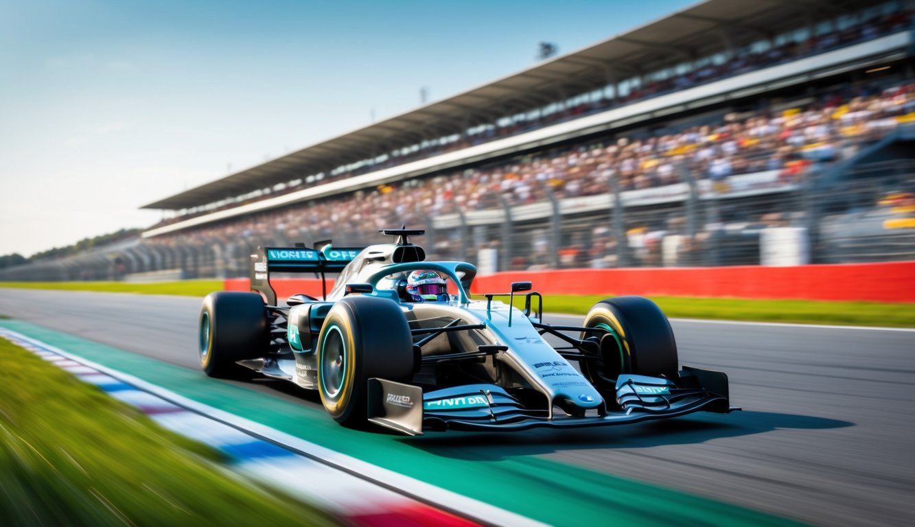 Mobil balap Formula 1 melaju cepat di lintasan dengan penonton di tribun dan langit cerah.