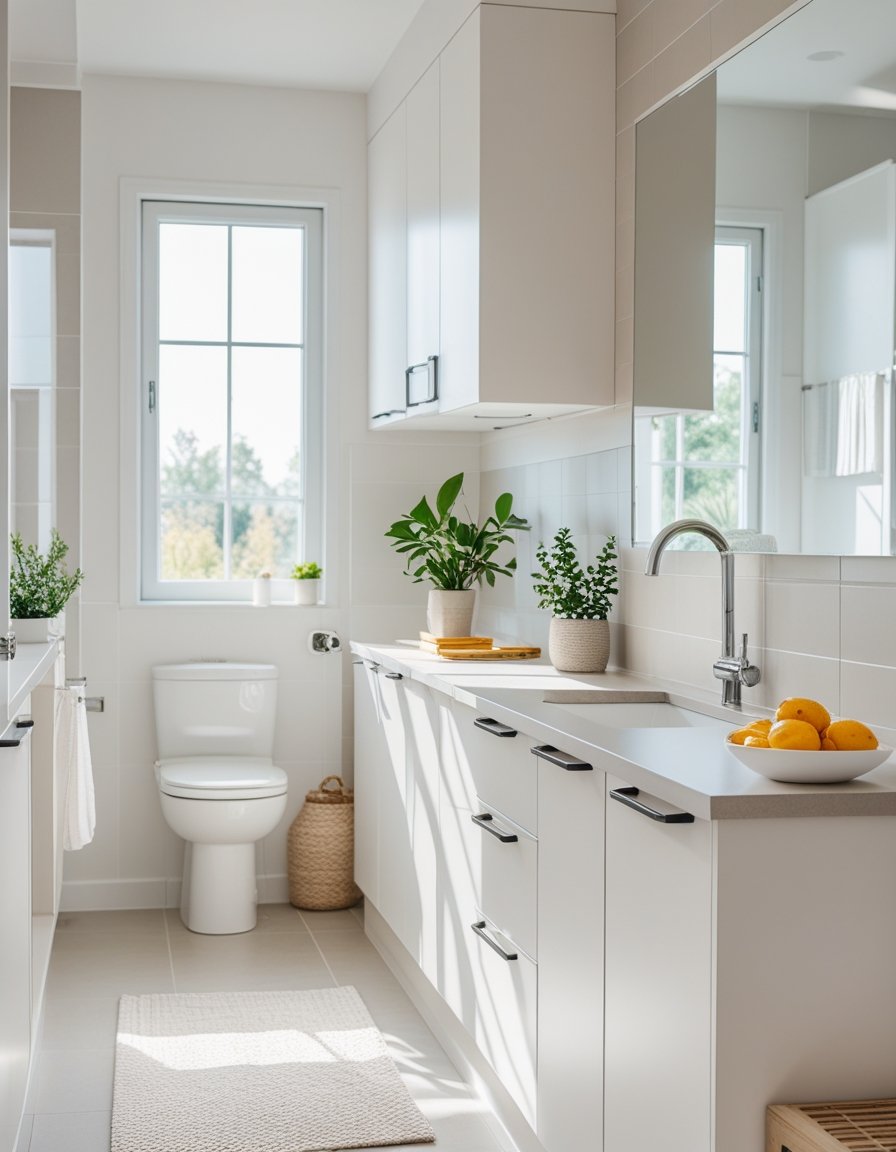 A modern kitchen and bathroom interior showing simple, affordable upgrades with natural lighting and clean design.