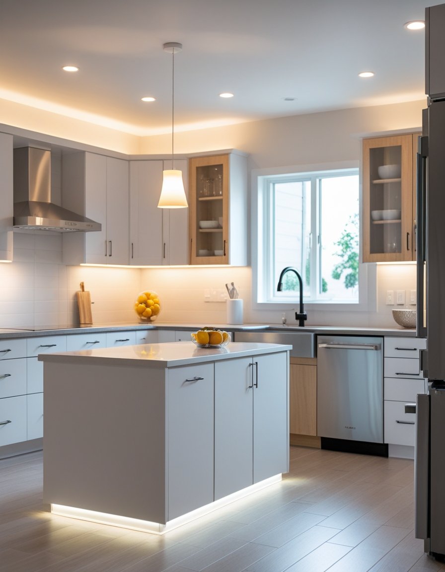 A modern kitchen with smart lighting, including under-cabinet LEDs and pendant lights over an island with a bowl of fruit.