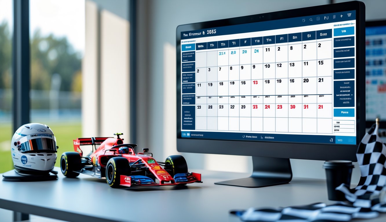 Meja kerja dengan monitor menampilkan kalender digital, model mobil balap Formula 1, helm balap, dan bendera kotak-kotak.
