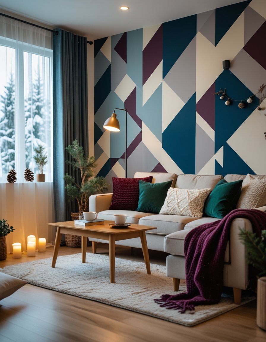 A cozy living room with a geometric accent wall, a sofa with winter-themed cushions and blankets, a coffee table with a cup of tea, and soft natural light coming through windows showing snow outside.