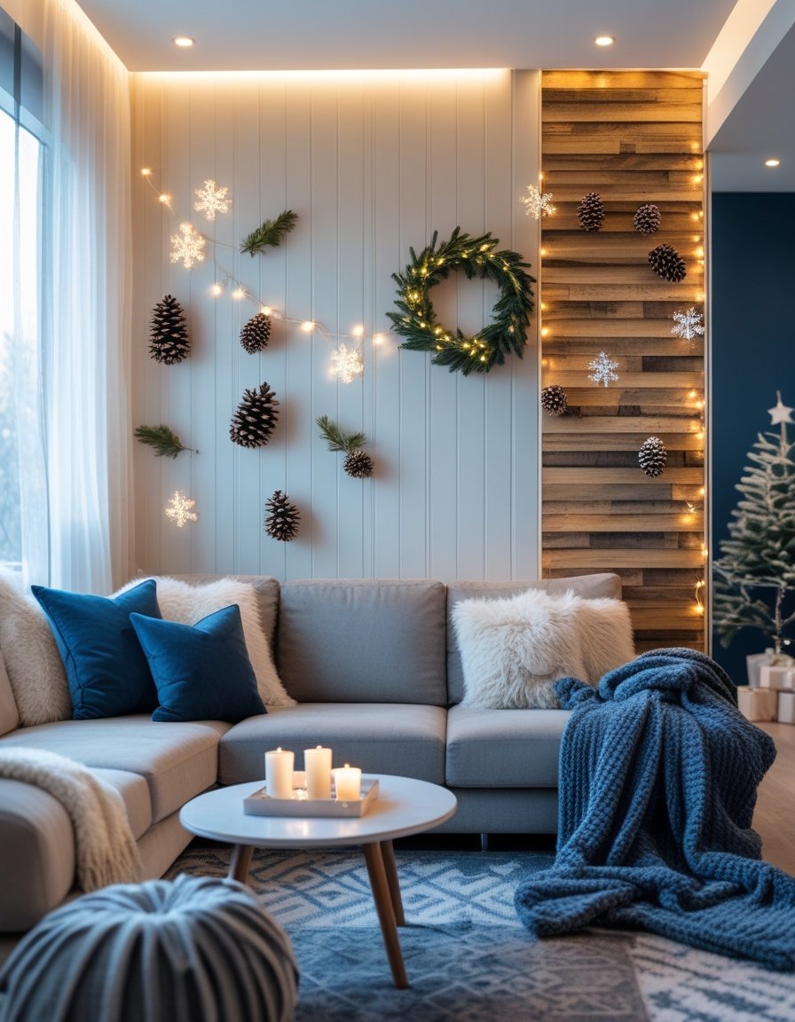 A cozy living room with a warm accent wall decorated with wood panels and winter-themed decor, including pinecones and fairy lights, featuring a sofa with throw blankets and cushions.