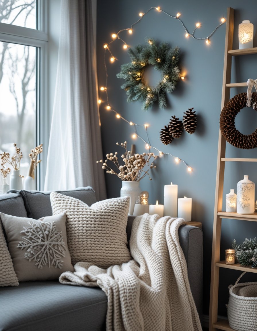 A cozy living room with a winter-themed accent wall decorated with pine branches, pinecones, fairy lights, and soft textiles.