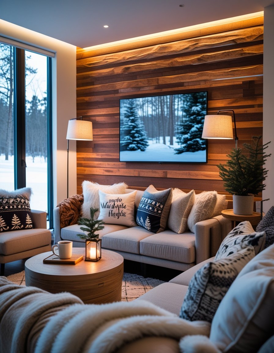 A cozy living room with a wood-paneled accent wall, comfortable seating, and soft lighting during winter.