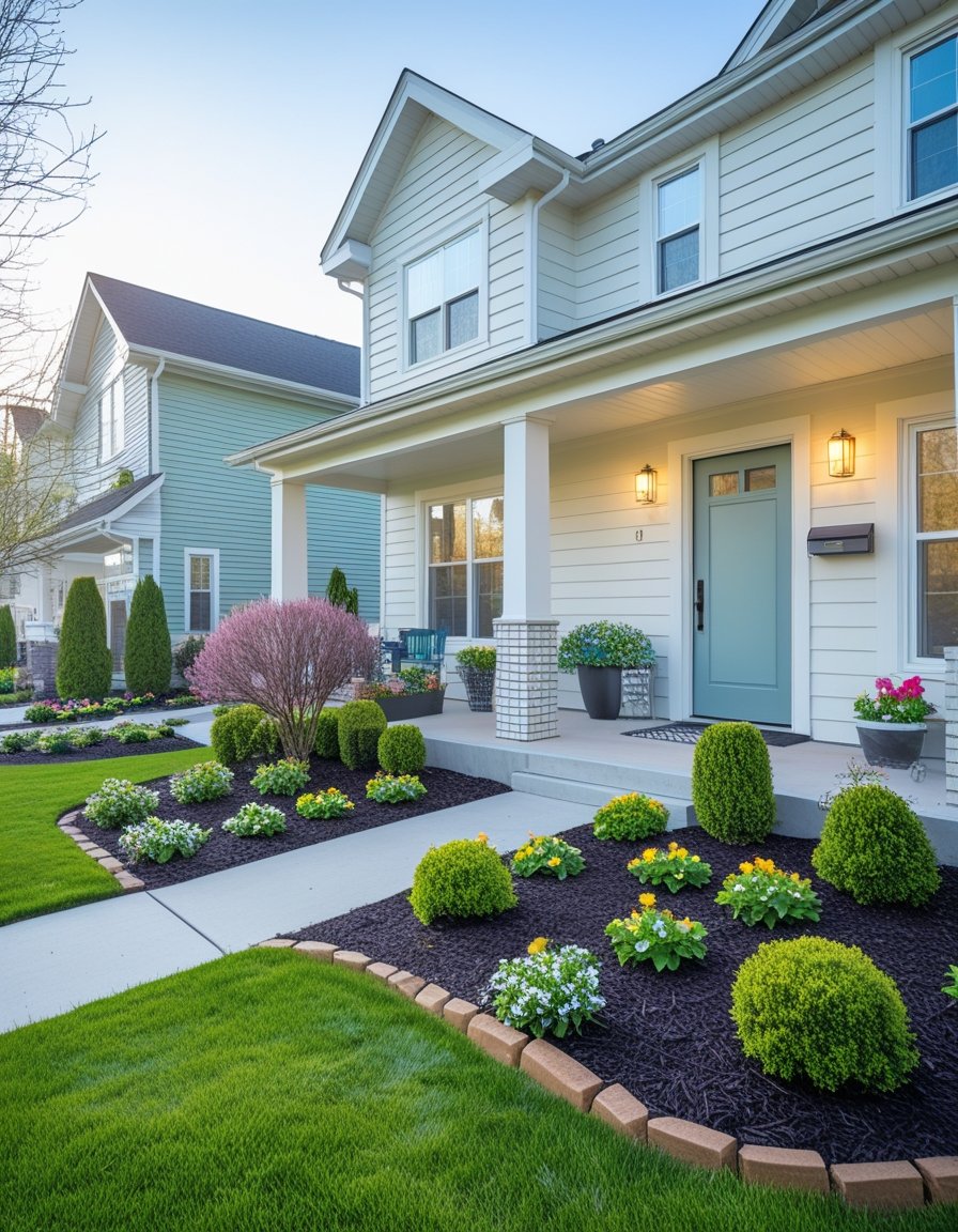 A suburban house exterior with a freshly painted front door, blooming flowers, trimmed shrubs, and a clear sky.