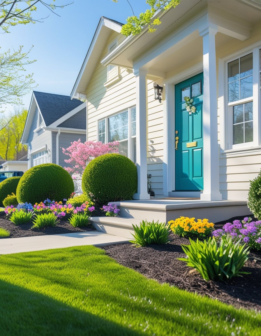 A suburban house exterior with a freshly painted front door, trimmed bushes, blooming flowers, and a clean walkway in early spring.